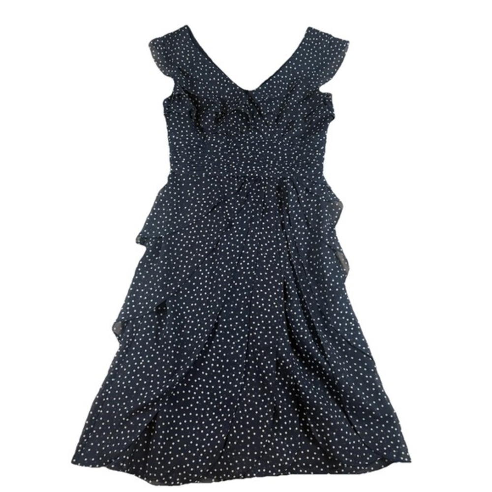 Adrianna Papell Womens 4 Navy Polka Dot Chiffon Ruffle Fit & Flare Dress NWT - Picture 2 of 12